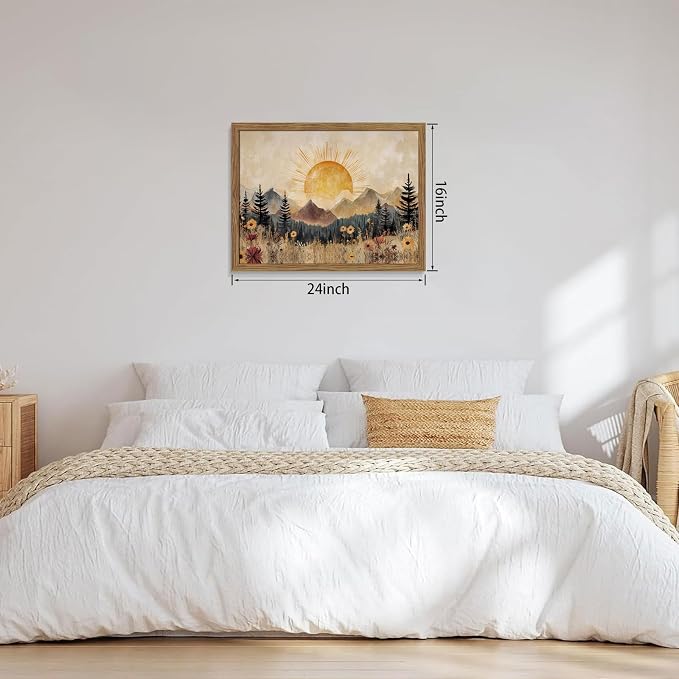 Framed Vintage Sunrise Mountain Landscape Wall Art, Golden Sunburst Meadow Forest Canvas Print, Retro Wildflower Nature Artwork, Rustic Boho Wall Decor for Living Room Bedroom Office 16x24in