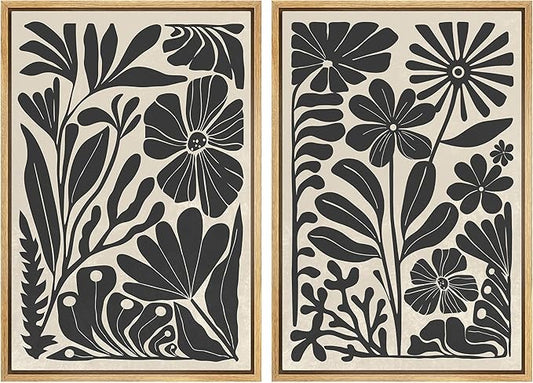MUDECOR Framed Canvas Wall Art Abstract Floral Botanical Prints Minimalist Boho Wall Decor for Bedroom - 24"x36"x2 Natural