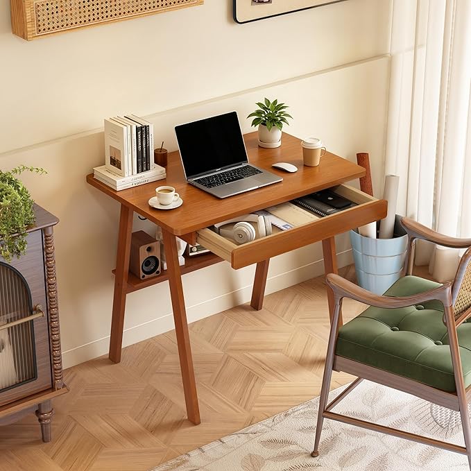 Solid Wood Writing Desk with Drawers - 31.5" Mid Century Modern Desk, Small Computer Home Office Desks for Small Spaces with Storage Shelf, Study Makeup Workstation for Bedroom/Living Room, Walnut