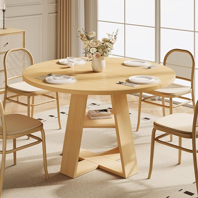 47.2" Round Dining Table for 4-6, Circle Kitchen Table with Open Storage Shelf, Farmhouse Dinner Table with Cross Pedestal Base for Dining Room, Kitchen, Living Room, Burlywood