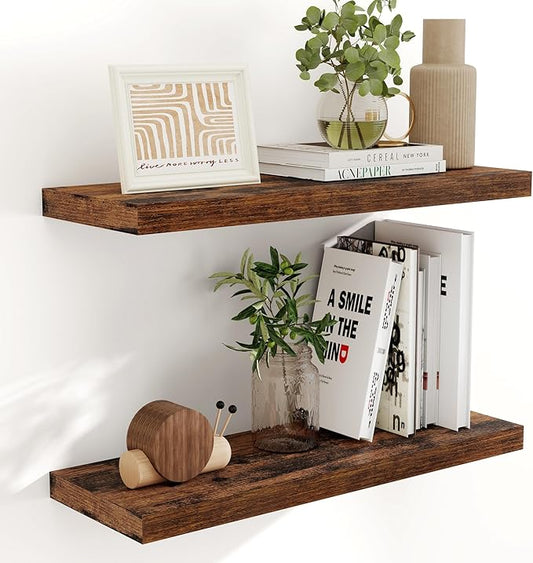 Fun Memories 32" W x 9.3" D Floating Shelves, Rustic Wood Deep Shelves for Bedroom, Kitchen, Living Room, Long Floating Shelf for Wall, Storage Display Wall Shelf for Books Decor, Rustic Brown