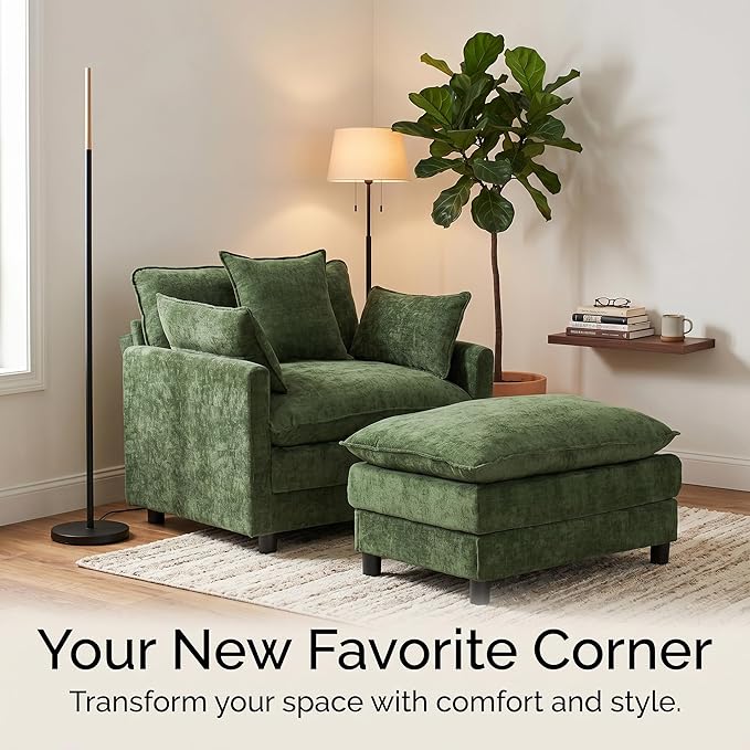 GRAVFORCE Oversized Chair with Ottoman, Comfy Upholstered Chaise Lounge Chair, Accent Indoor Reading Chairs for Living Room, Bedroom (Green)