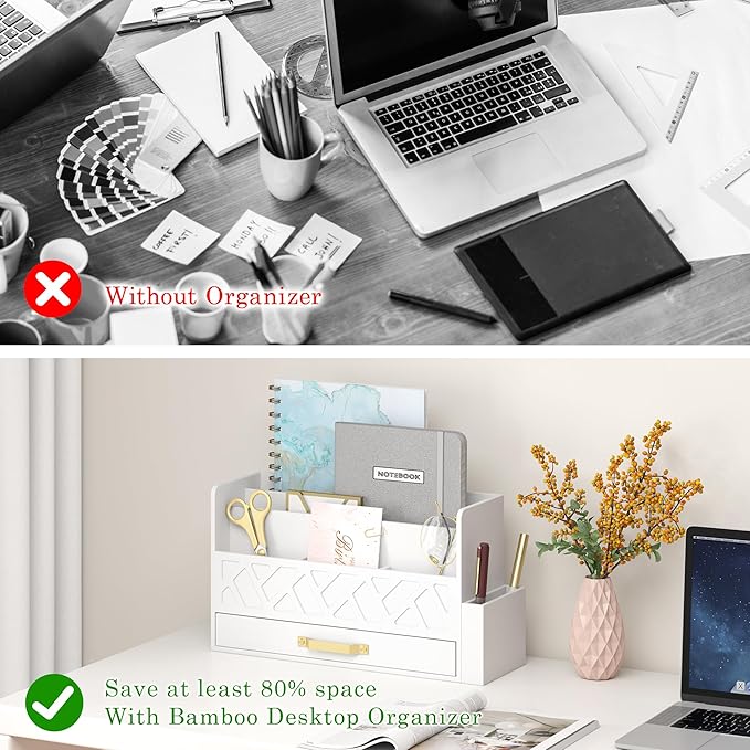 Wooden Desk Organizer,Desktop Organizer File Sorter for Office Supplies, Mail Organizer with Drawer,Desk Accessories & Workspace Organizers for Women （White）