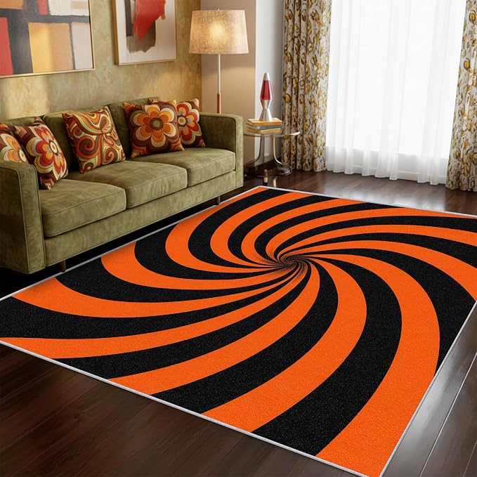 70s Rug 5x8 Swirl Abstract Black Orange Striped Pattern Area Rugs for Living Room, Bedroom, 70s Home Decor Accessories Indoor Carpet, Non Slip & Machine Washable, GD0377