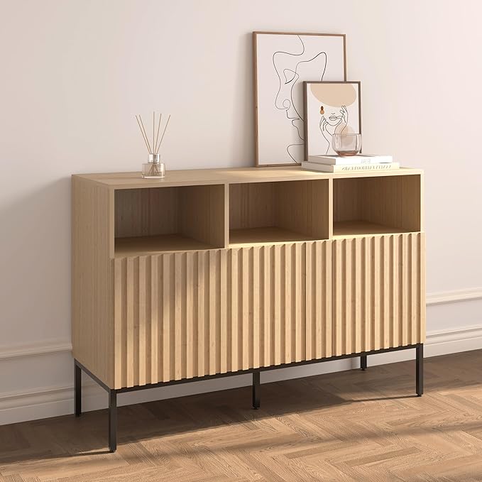 Set of 2 Oxford Fluted Storage Cabinet, Sideboard Buffet Credenza with Doors, Accent Console for Living Dining Room, Entryway