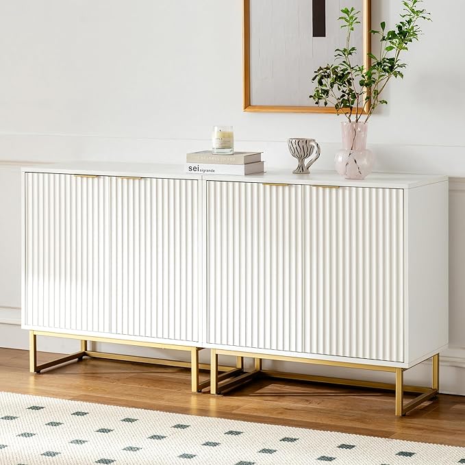 Fluted Storage Cabinets Set of 2, Sideboard Buffet Cabinet Accent Cabinet with Adjustable Shelves, Modern Credenza, Console Table Entryway Cabinets for Living Room, White