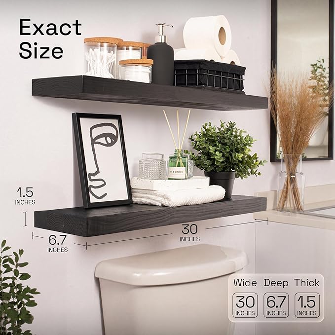 BAOBAB WORKSHOP Solid Wood Floating Shelves for Wall 30 Inches Long, Real Wooden Bathroom Shelf Large, Heavy Duty Wall Shelves Mounted Kitchen Bedroom, Black Shelf, 30W × 6.7D, Set of 2