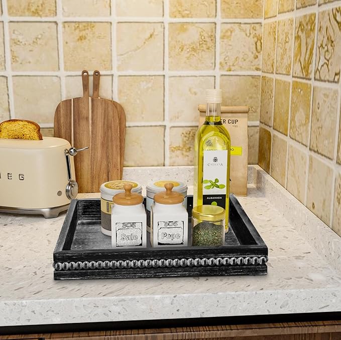 MAONAME Wood Serving Tray, Farmhouse Wooden Tray for Coffee Table, Rustic Square Trays with Beads, Vintage Black Decorative Trays for Living Room, Kitchen, 12" X 12" X 1.6"