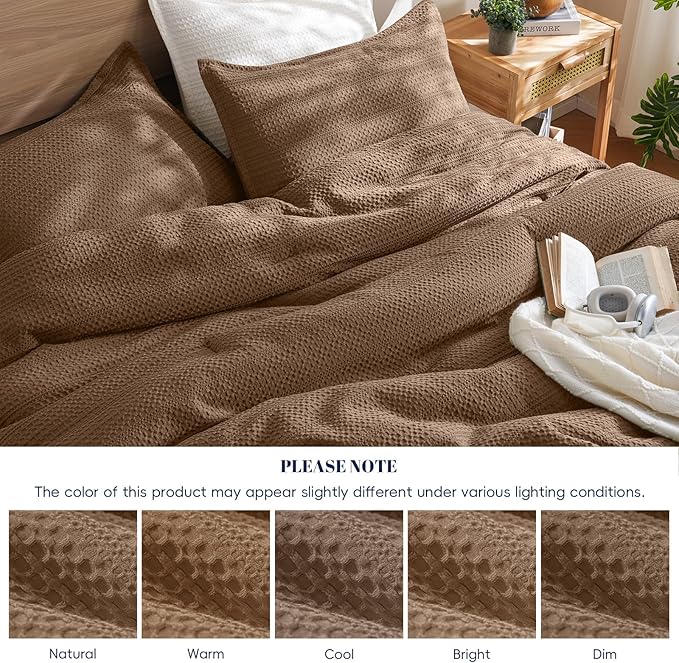 PHF Soft Waffle Comforter Set King Size- Comfy Breathable Waffle Weave Comforter with 2 Pillow Shams, 3 Pieces Less Snagging Lightweight Textured Bedding Set for All Season, Mocha