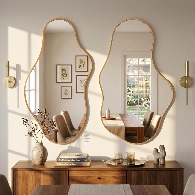 Irregular Wall Mirror, 22"x36" Gold Abstract Asymmetrical Mirrors for Wall, Decorative Cloud Aesthetic Mirror for Bathroom, Bedroom, Cloakroom, Entryway, Shatter-Proof Aluminum Alloy Frame