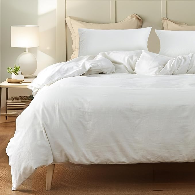 FALUCA French Linen Blend Duvet Cover Set 3Pcs Queen (88"x92") - Soft, Breathable, Cooling Farmhouse Bedding for Summer Hot Sleeper (Queen, White)