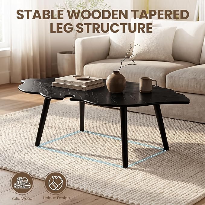DUOMAY Mid-Century Modern Small Coffee Table, Solid Leaf-Shaped Wood Coffee Table for Living Room, Easy Assembly Center Table End Table with Wood Leg, Side Table for Bedroom Small Space, Black