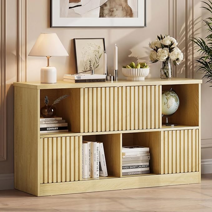 Einhomn 8 Cube Storage Organizer with Sliding Doors, Modern Fluted Bookshelf with Storage Cabinet, Wooden Bookcase with 4 Open Shelves for Living Room, Home Office, Bedroom, Natural