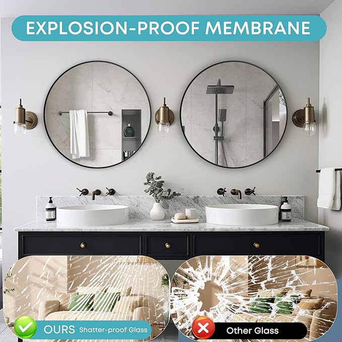 Round Mirror, Wall Mounted Circle Mirror with Brushed Metal Frame, Circular Mirrors for for Bathroom, Living Room, Vanity, Bedroom, Entryway, 36inch, Black