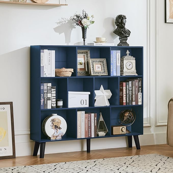 LEYAOYAO 10 Cube Bookshelf,3 Tier Modern Wide Bookcase with Legs,Mid-Century Wood Bookshelves Storage，Dark Blue Large Book Case,Freestanding Organizer Display Shelf for Bedroom,Living Room,Office