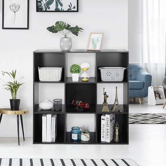 ZenStyle 9 Cube Storage Shelf Organizer, Wooden Bookshelf System Display Cube Shelves Compartments, Customizable W/ 5 Removable Back Panels (Black)