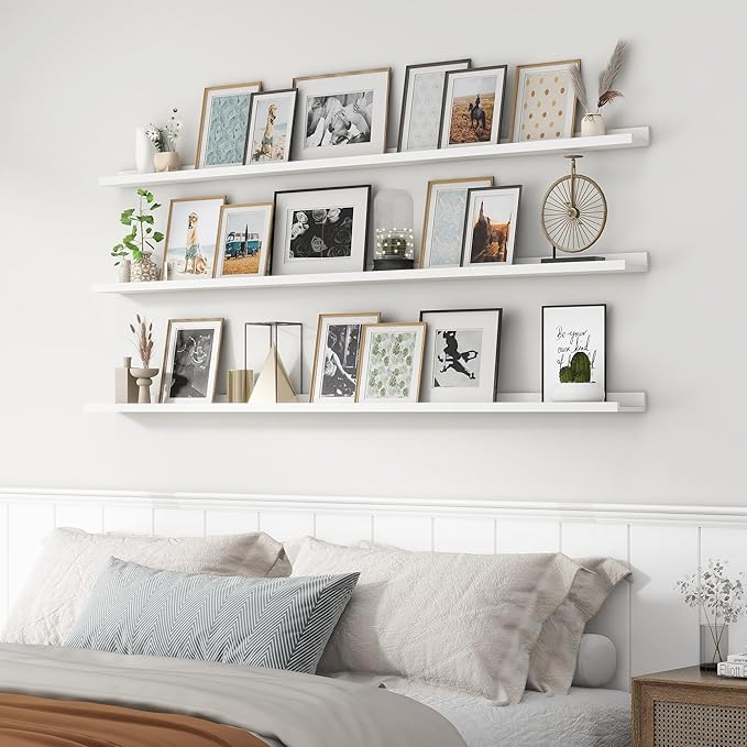Axeman 72 Inch Floating Shelves | White Picture Ledge Shelf Set of 3 | Rustic Wood Wall Shelves with Lip | 72" White Picture Shelf for Wall with Ledge | Photo Shelves