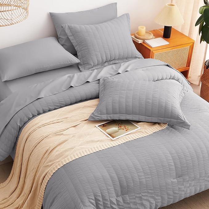 CozyLux King Size Comforter Set Grey, 7 Pieces Seersucker Textured Luxury Bed in a Bag Grey, All Seasons Soft Bedding Sets with Down Alternative Comforter, Sheets, Pillowcases & Shams, Home Gift