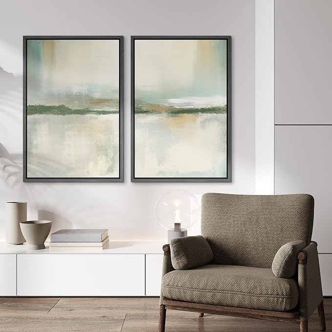 IDEA4WALL Framed Canvas Print Wall Art Set Serene Lake Landscape Abstract Illustrations Modern Art Decorative Coastal Cottage Seascape for Bedroom - 24"x36"x2 Black