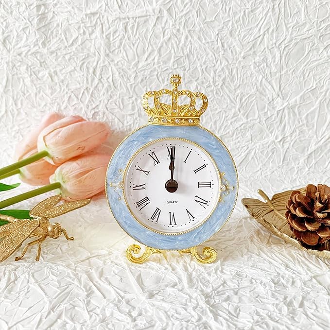 Vintage Mini Analog Table Clock, Silent Crown Table Clock with Hand-Painted Metal Body and Battery Operated Non-Ticking Core for Shelf, Living Room, Bedroom, Bedside, Desk