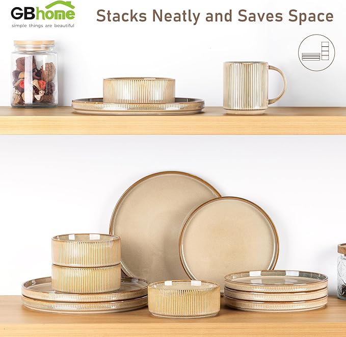GBHOME 12-Piece Stoneware Dinnerware Set for 4 – Ribbed Ceramic Plates and Bowls, Scratch-Resistant, Microwave & Dishwasher Safe, Reactive Glaze, Barley Latte