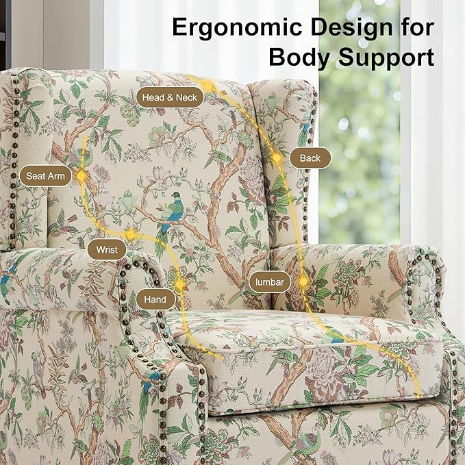 Wingback Chair, High Back Floral Accent Chair in Fabric, Comfy Upholstered Armchair with Nailhead Trim for Living Room, Single Sofa Reading Chair for Small Spaces, Bedroom-Bird