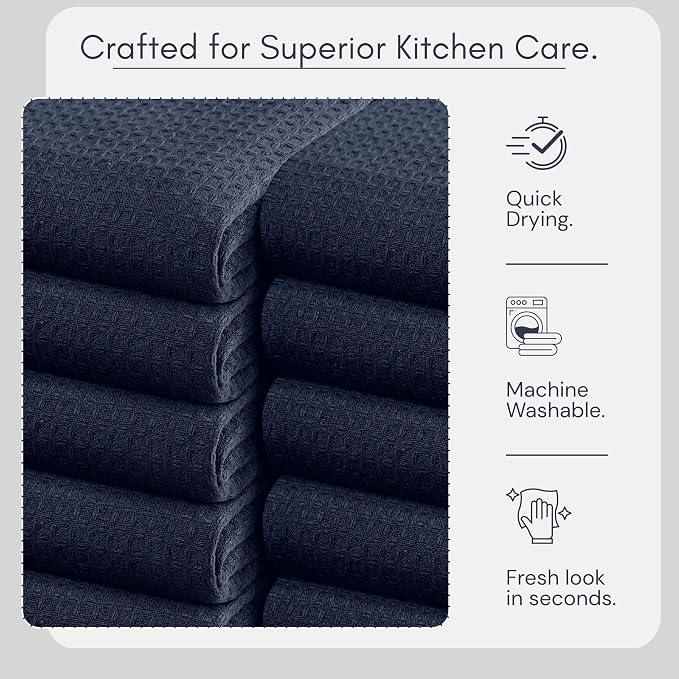 TWINY threads 100% Cotton Kitchen Towels (Set of 12) - Ultra Absorbent Waffle Weave Dish Towels with Hanging Loop - Quick Dry, Tea & Bar Towels for Cooking, Quick Drying - 16x26 Inch, Navy Blue