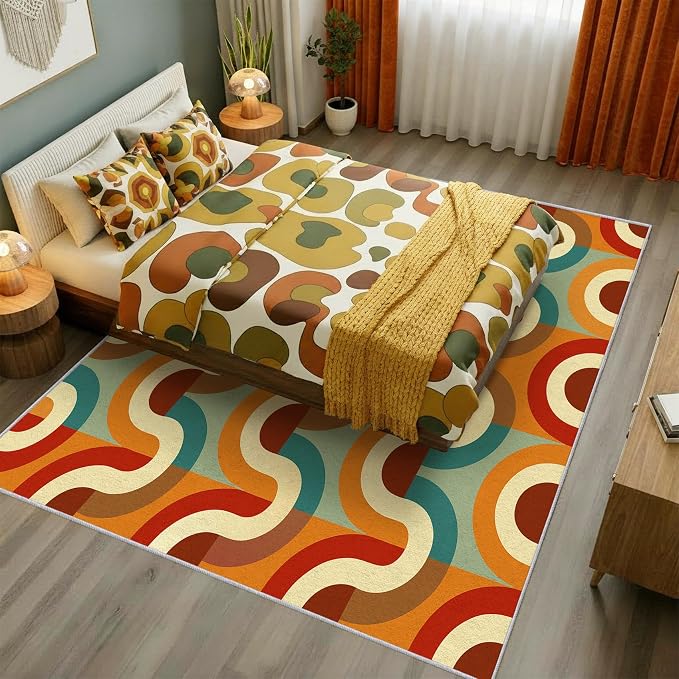 70s Retro Rug Square 8x8 Checkboard Striped Groovy Pop Pattern Area Rugs for Living Room, Bedroom, 70s Retro Home Decor Accessories Indoor Carpet, Non Slip & Machine Washable, GD0362