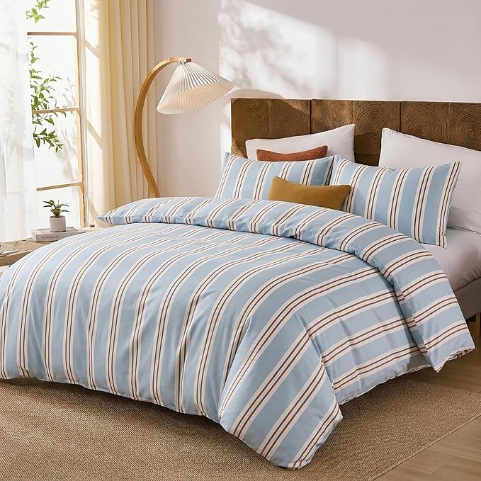 Merryword Striped Duvet Cover Set Queen Size - 100% Cotton Duvet Cover Set, Light Blue Ribbon Stripes Pattern Comforter Cover 3 Pieces, Soft Linen Like Bedding Set for All Seasons