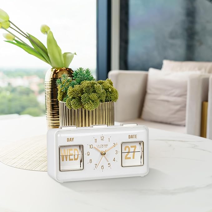 La Crosse Clock 636-379W Daily Flip White Tabletop Alarm Clock with Calendar