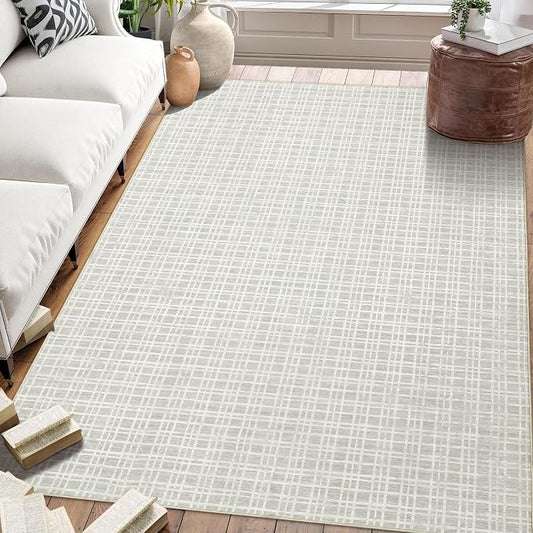 Living Room Rug 4x6 Washable Modern Bedroom Rug Aesthetic Farmhouse Grid RugsNon Slip Accent Rugs with Rubber Backing Soft Low Pile Stain Resistant Carpet for Office 4'x6' Light Grey