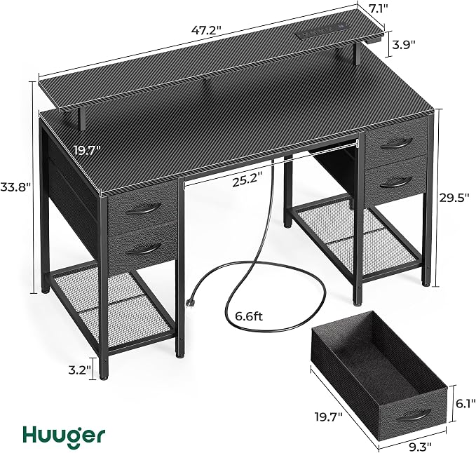 Huuger 47 inch Computer Desk with 4 Drawers, Gaming Desk with LED Lights & Power Outlets, Home Office Desk with Large Storage Space for Bedroom, Work from Home, Carbon Fibre Black