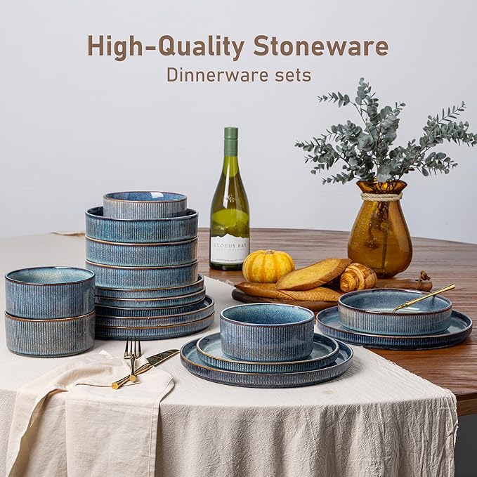GBHOME 12-Piece Stoneware Dinnerware Set for 4 – Ribbed Ceramic Plates and Bowls, Scratch-Resistant, Microwave & Dishwasher Safe, Reactive Glaze, Ceylon Blue