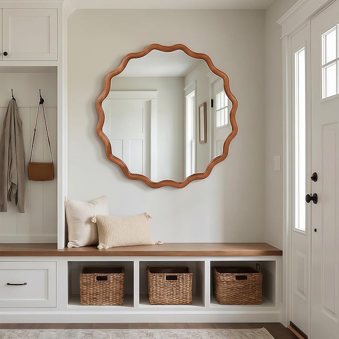 24 Inch Wooden Wavy Round Wall Mirror, Modern Solid Wood Frame Circle Decorative Accent Mirror for Bedroom, Bathroom, Living Room, Entryway, Yellowish Brown