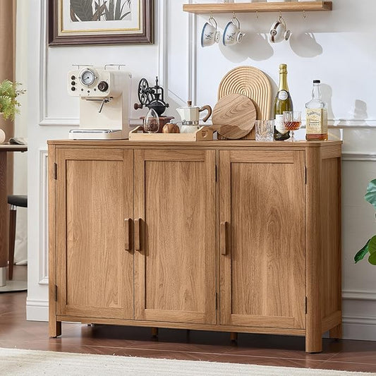 Sideboard Buffet Cabinet with Storage, 46" Arc-Shaped Credenza with 3 Doors & Adjustable Shelves, Mid Century Modern Coffee Bar Cabinet for Kitchen, Living Room, Entryway, Darkwood