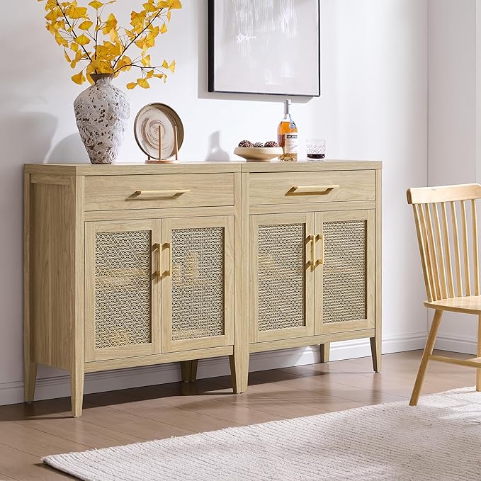 SICOTAS Sideboard Buffet Cabinet with Drawers - Credenza Storage Cabinet with Adjustable Shelves, Farmhouse Sideboards Coffee Bar Console Cabinets for Kitchen Living Room Entryway, Light Walnut, 3 PCS