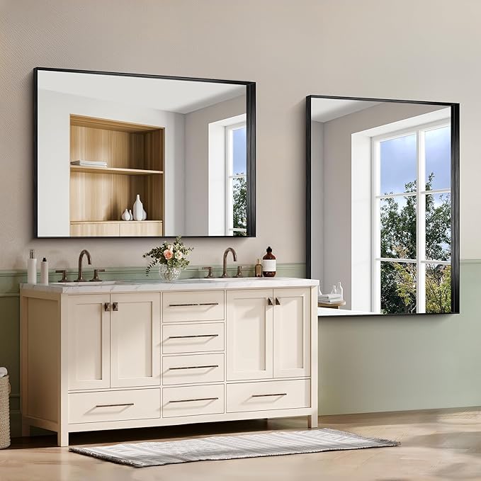 CIRCUMI Black Bathroom Mirror, 36"x50" Rectangular Mirror with Deep Metal Frame, Brushed Finish, Tempered Glass, Large Mirror for Wall, Over 2 Sinks, Installed Vertically/Horizontally, Crystal-Clear