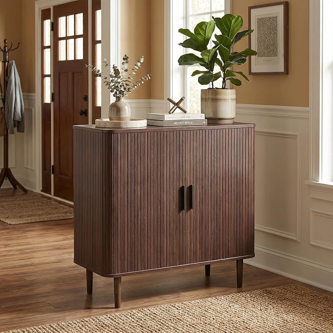 AKMAKM 35" Fluted Accent Buffet Cabinet, Walnut Small Storage Sideboard with Sliding Door, Mid Century Modern Credenza with Solid Wood Leg, Wine Coffee Bar Console Table for Kitchen, Entryway, Living
