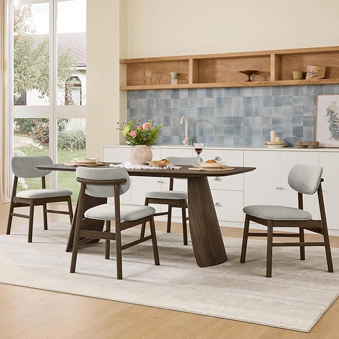 CHITA 71" Modern Dining Table for 6, Rectangle Wood Kitchen & Dining Room Table, Solid Rubberwood Frame, Bentwood Legs, Walnut Venner