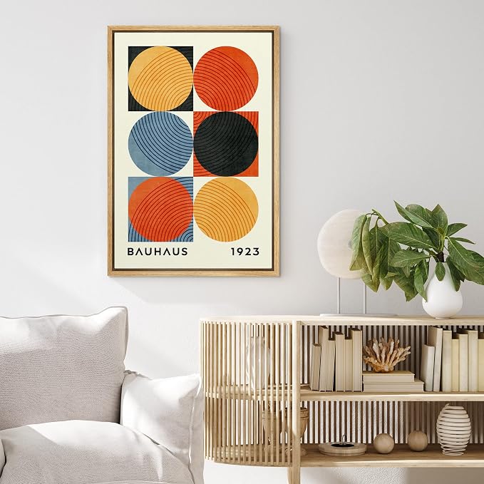 MUDECOR Framed Canvas Print Wall Art Colorful Geometric Circle Bauhaus Collage Abstract Shapes Illustrations Fine Art Mid-Century Modern Multicolor for Living Room, Bedroom, Office - 24"x36" Natural