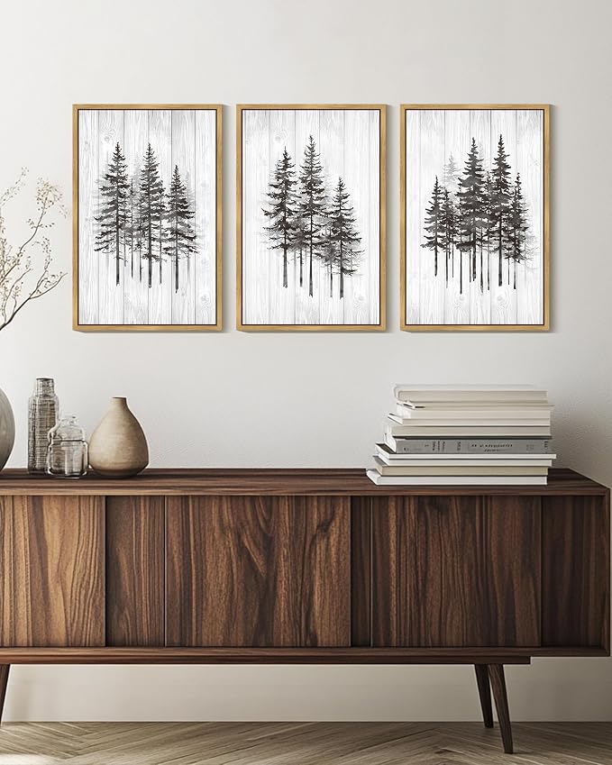 KUVIOKE Woodcut Pine Tree Framed Wall Art Nature Abstract Forest Wall Decor Rustic Minimalist Painting for Bedroom Dining Room 16x24in (Natural Framed)