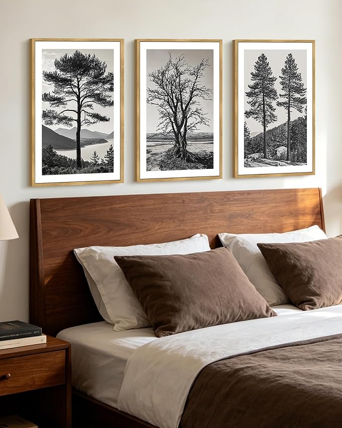 KUVIOKE Vintage Tree Framed Canvas Wall Art Black and White Retro Antique Forest Drawings Nature Wilderness Sketch Wall Painting Modern Decor 16x24in (Natural Framed)