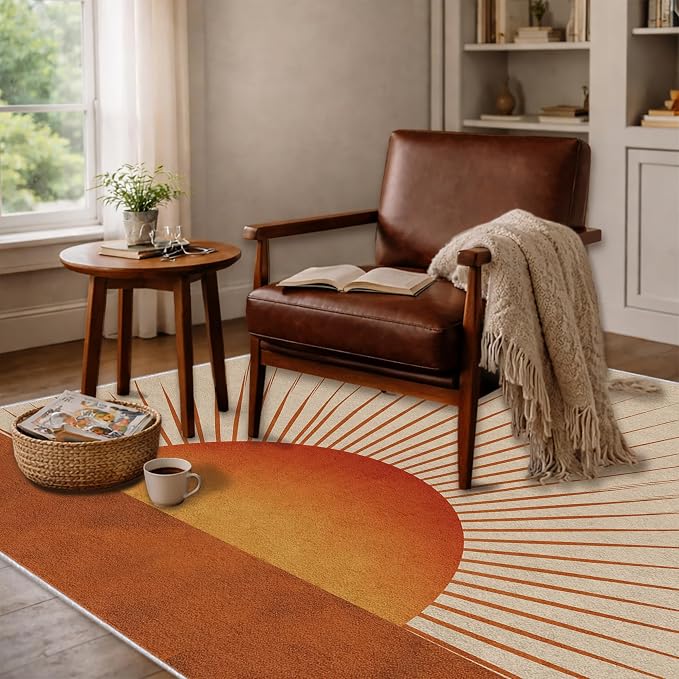 Sunburst Area Rug 6x8, Retro Sun Design Rug, Mid Century Modern Carpet for Living Room Bedroom, Soft Non Slip Washable Area Rug