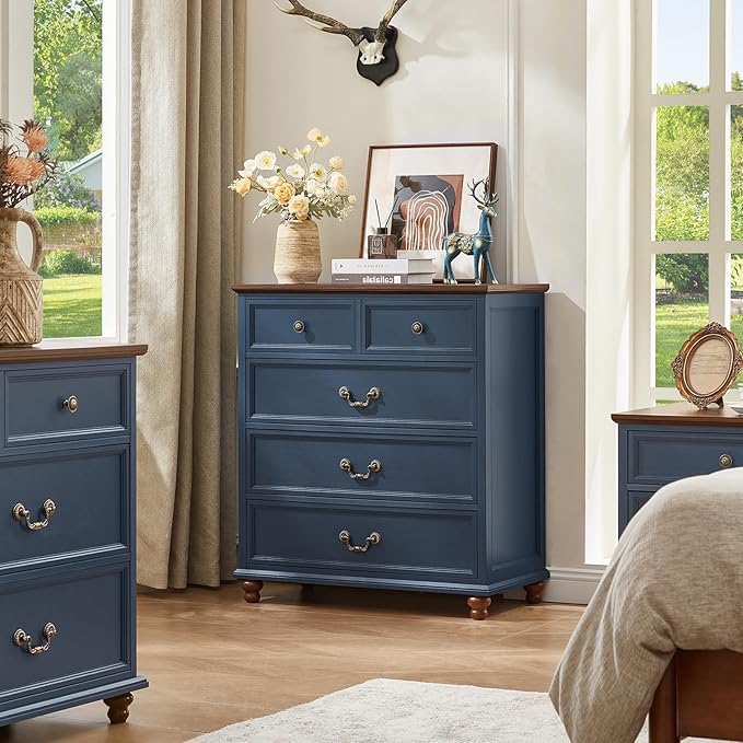 Farmhouse 5 Drawer Dresser Set of 2 for Bedroom, 35" Tall Rustic Chests of Drawers w/ 4 Solid Wood Feet, Mid Century Vintage Wooden Closet Storage Dressers Organizer for Living Room, Blue