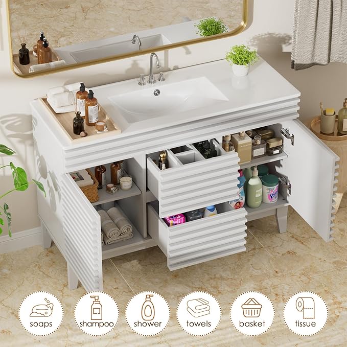 ROOMTEC 48" Bathroom Vanity with Sink, Mid-Century Freestanding Bathroom Vanity Sink with Storage, Undermount Ceramic Sink, Cabinet Particleboard Frame with Wood Grain Laminate, White