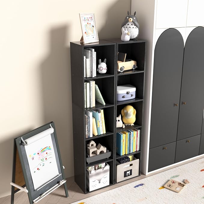 5-Tier Wooden Cube Storage Organizer, 52 Inch Tall Bookcase & Display Shelf with 5 Open Cubes, Freestanding DIY Closet Shelving Unit for Living Room Bedroom Office (Black, 5 Cube-W(11.8inch)