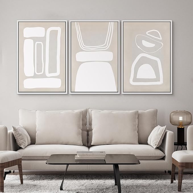 SIGNWIN Framed Canvas Print Wall Art Set Mid-Century Boho Geometric Polygons Abstract Shapes Cozy Neutral Modern Art Decorative Contemporary Minimal for Living Room, Bedroom, Office - 16"x24"x3 White