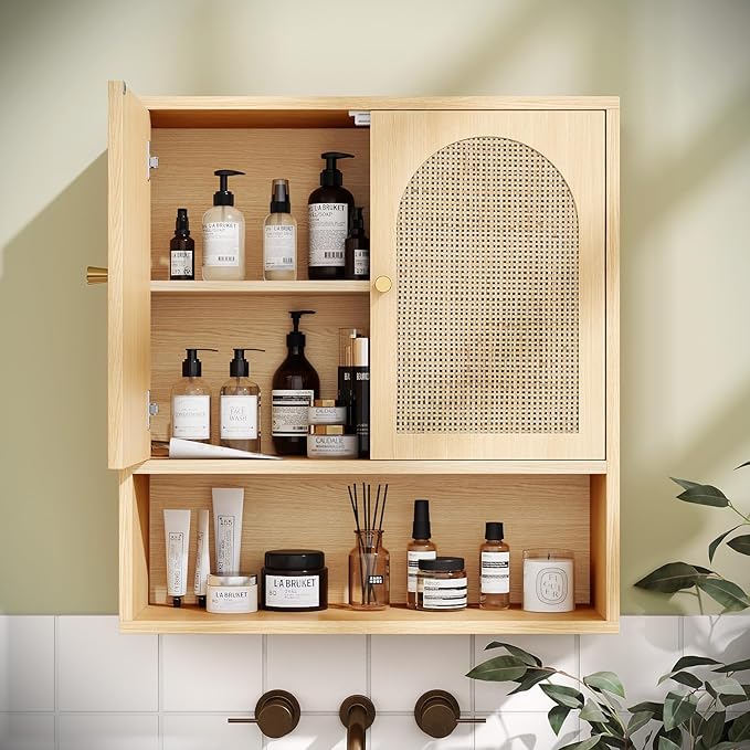 VINGLI Rattan Bathroom Wall Cabinet, Boho Medicine Cabinet with 2 Handwoven Rattan Doors & Adjustable Shelf, Wood Hanging Storage Cabinet with Open Shelf for Kitchen, Laundry, Entryway, Oak Finish