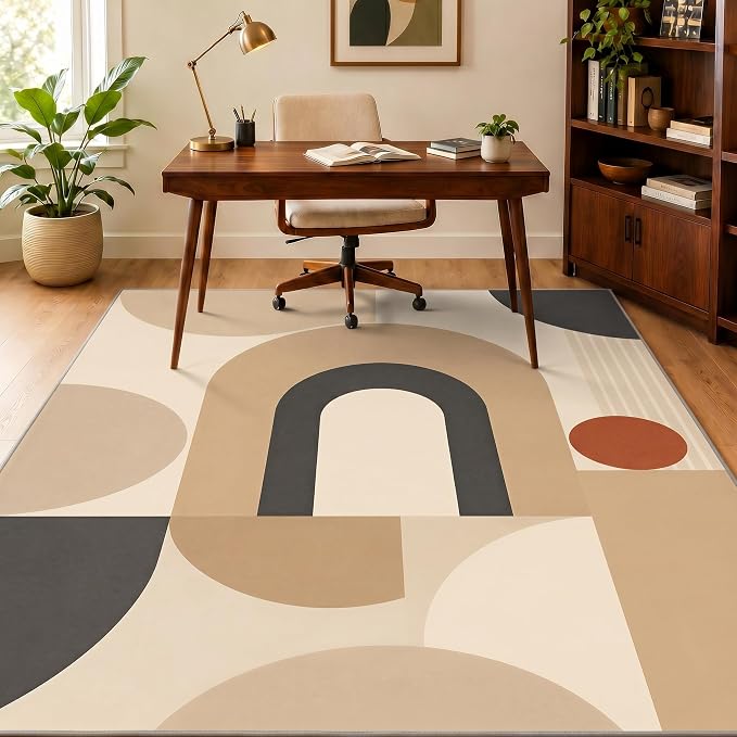 Mid Century Area Rug 6x9, Home Decor | Neutral Cream Black Geo Arc, Abstract Geometric Rug for Living Room, Bedroom, Home Office, Non Slip, Washable, Low Pile