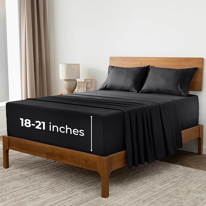 Mellanni Extra Deep Queen Sheets - 4 PC Iconic Collection Bedding - Hotel Luxury, Ultra Soft, Cooling Bed Sheets - Wrinkle, Fade, Stain Resistant (Queen, Black)
